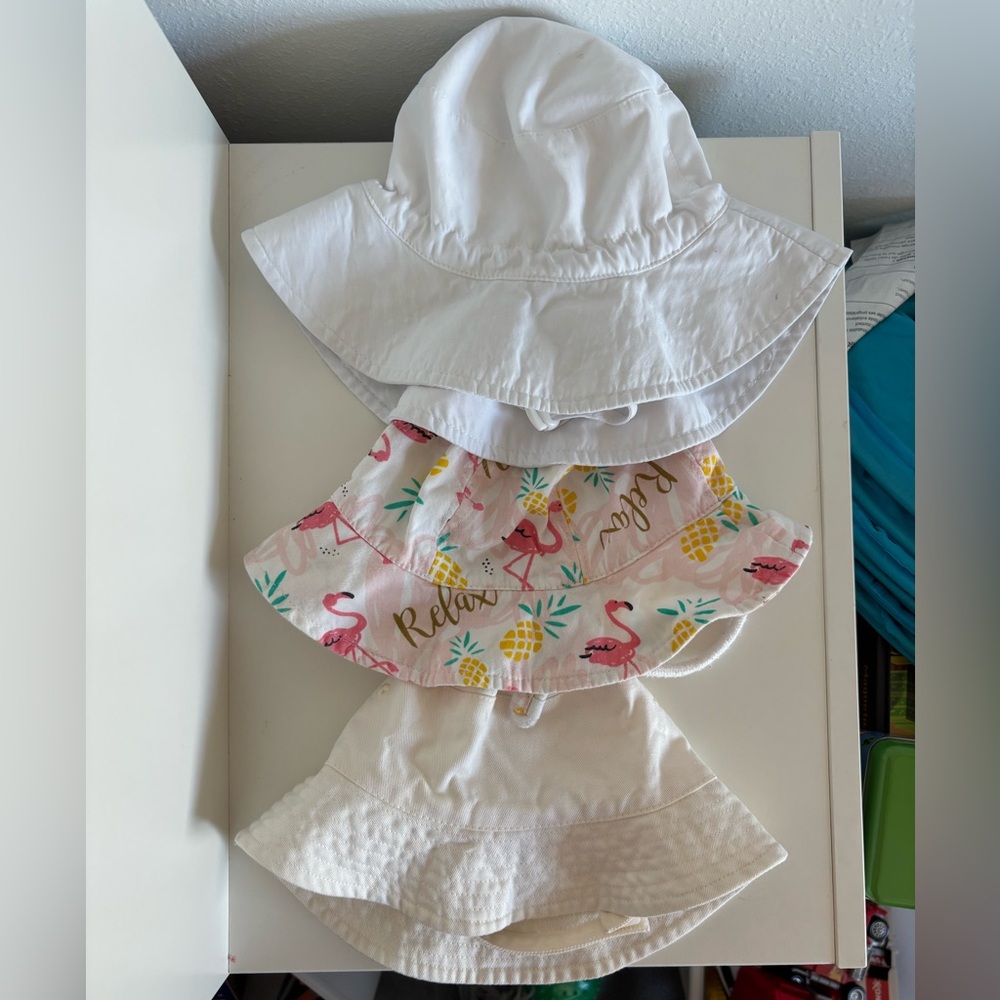 Set of Three Baby Sun Hats - White, Flamingo Print, Cream